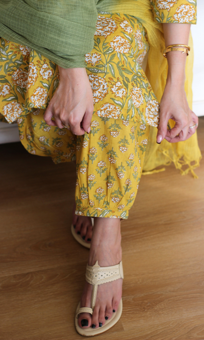 Cotton Yellow & Green Block Printed Kurta , Afghani Salwar and Kota Doria Ombre Dupatta