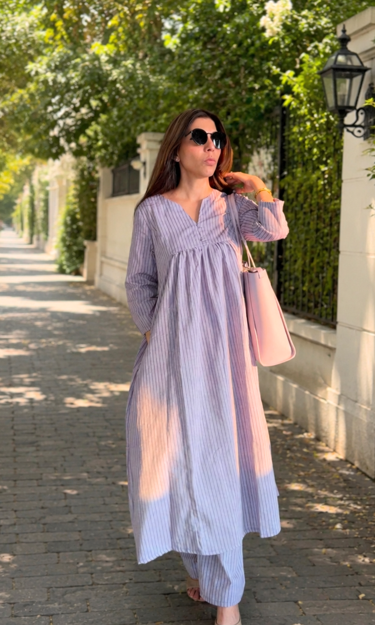 Handloom Cotton Lavender Striped Pleated Kurta & Pant