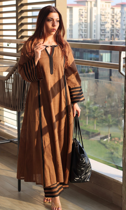 Cotton Slub Brown Laced Kali Kurta with Laced Palazzo