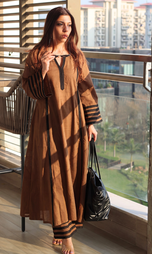 Cotton Slub Brown Laced Kali Kurta with Laced Palazzo