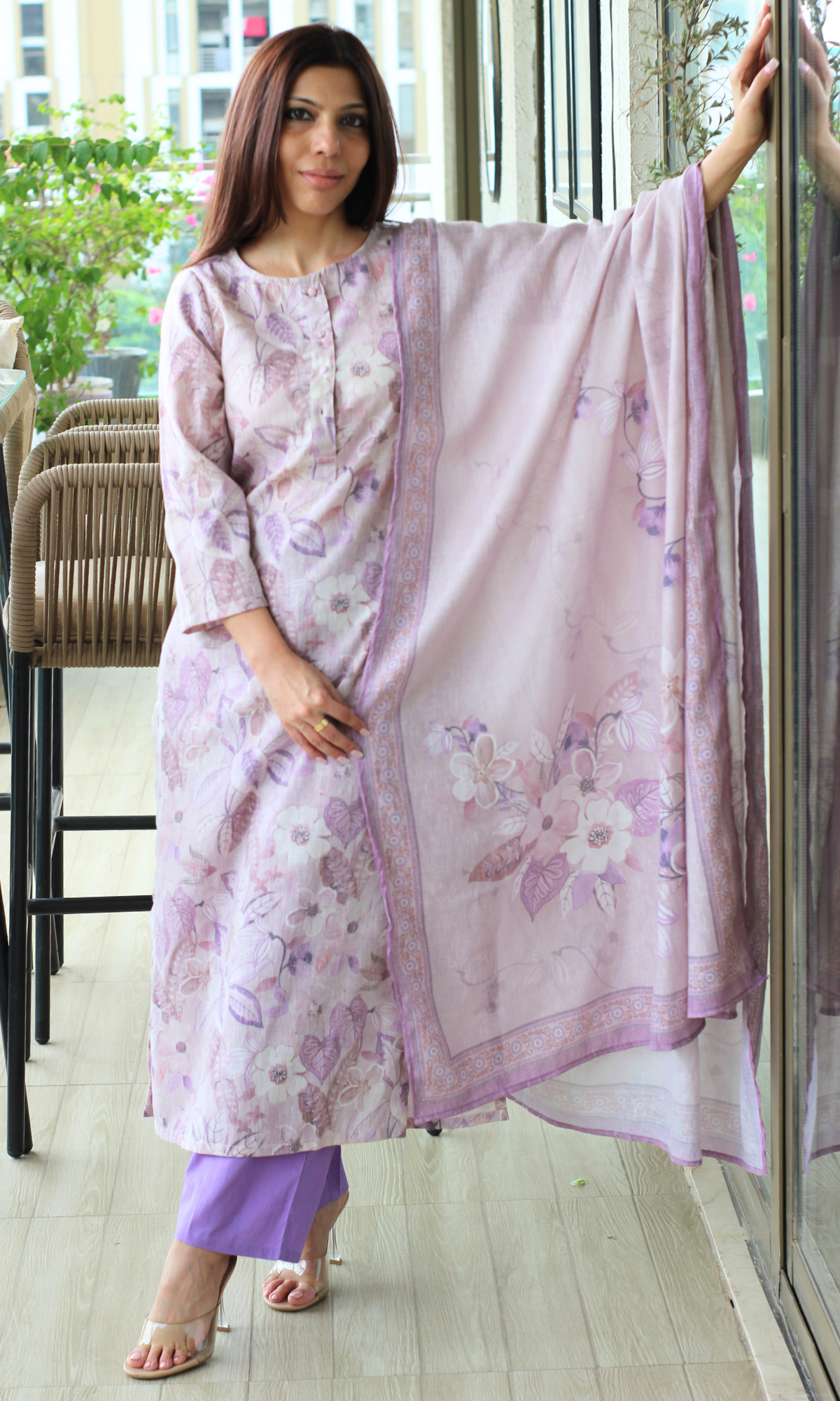 Duchessé Pink Linen Blend Printed Kurta , Dupatta & Cotton Bottoms
