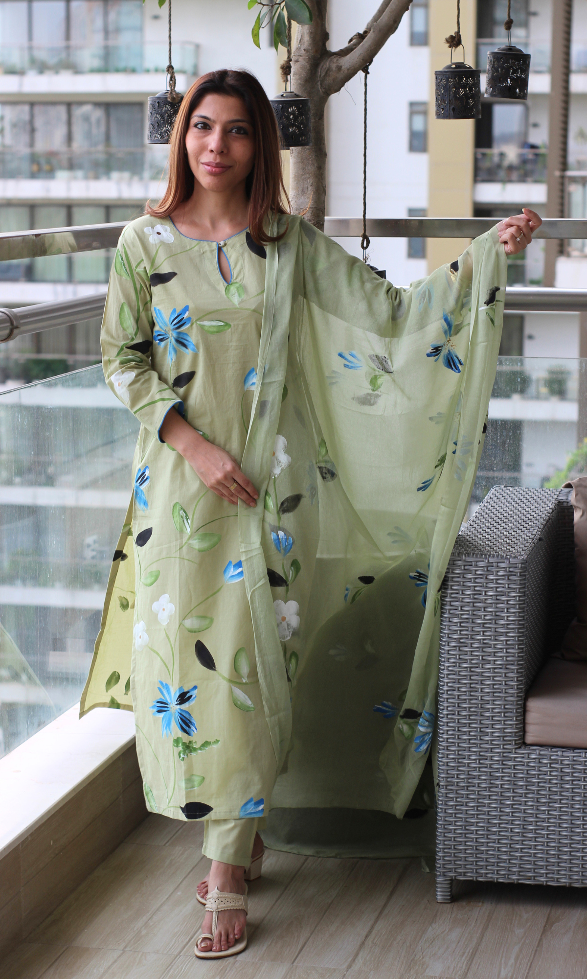 Soft Sage Hand Brush Painted Kurta, Chiffon Handpainted Dupatta & Cotton Pants