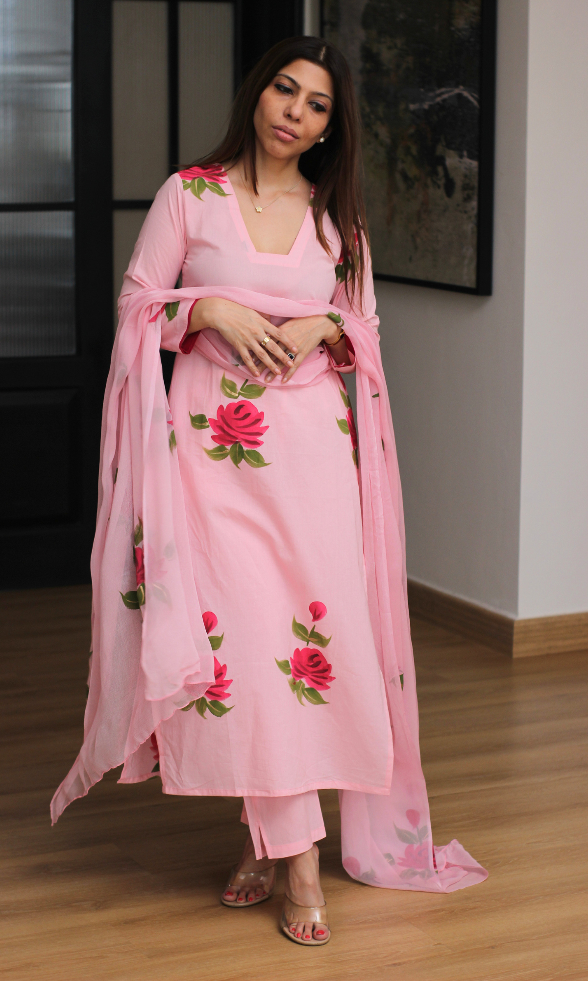 Pink Rose Handbrush Painted Cotton Kurta , Chiffon Hand Painted Dupatta & Cotton pants
