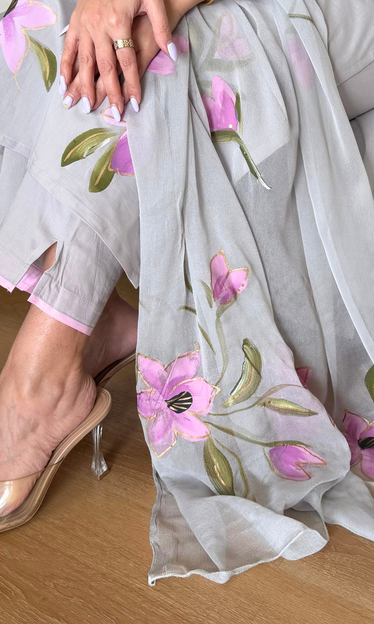 Fog & Pink Handbrush Painted Kurta, Chiffon Handpainted Dupatta & Cotton Pants