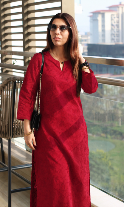 Red Overall Embroidered Kurta & Cotton Pants