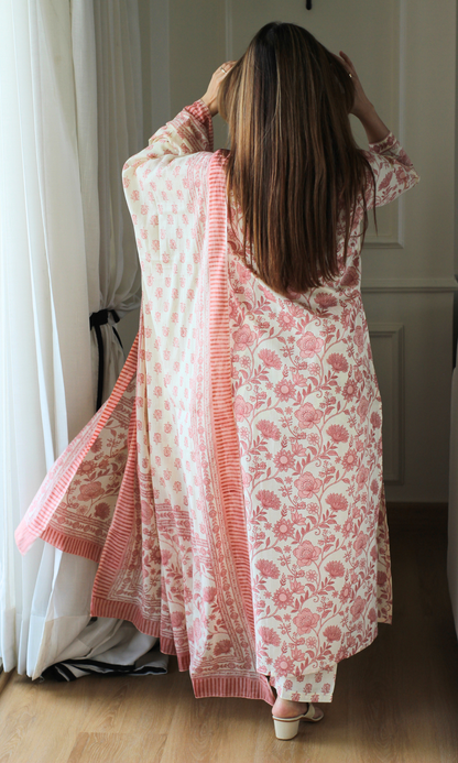 Apricot Garden Block Print Cotton Kurta, Pant and Mul Printed Dupatta