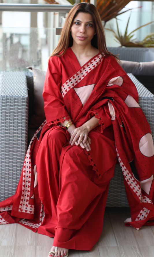 Red Zohra Kurta , Farshi Salwaar & Printed Dupatta