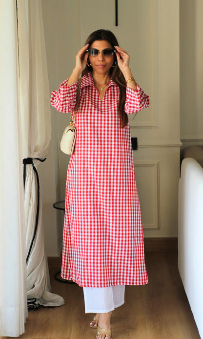 Red Checkered Collared Kurta with Cotton Pants