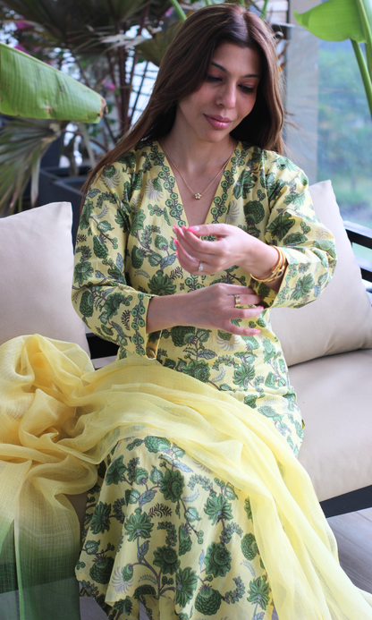 Lime & Green Block Printed Kurta, Pants and Kota Doria Ombre Dupatta