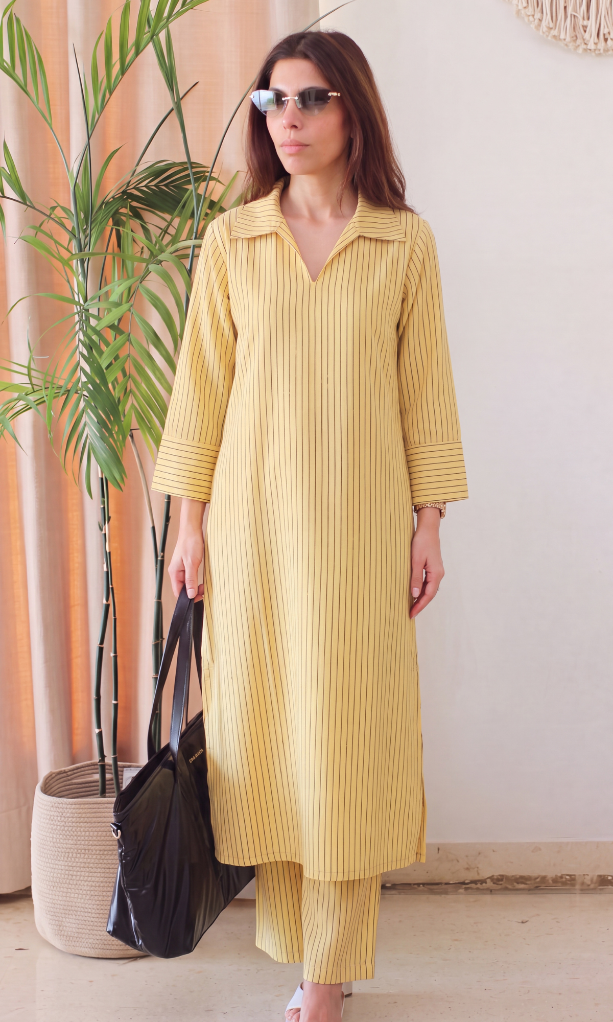 Lemon Cotton Ikat Striped Kurta & Pants