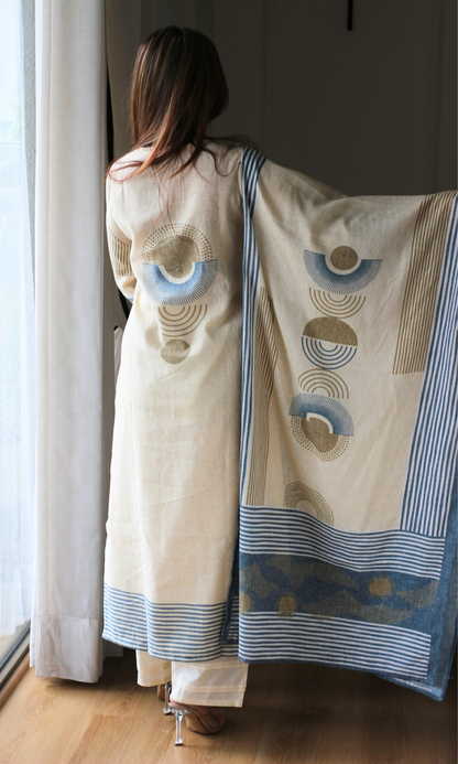 Linen Blend Beige Half Moon Print  Print Kurta , Dupatta with Cotton Pants