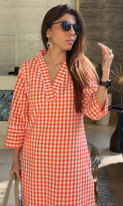 Tangerine Checks Handloom Cotton Kurta & Pants