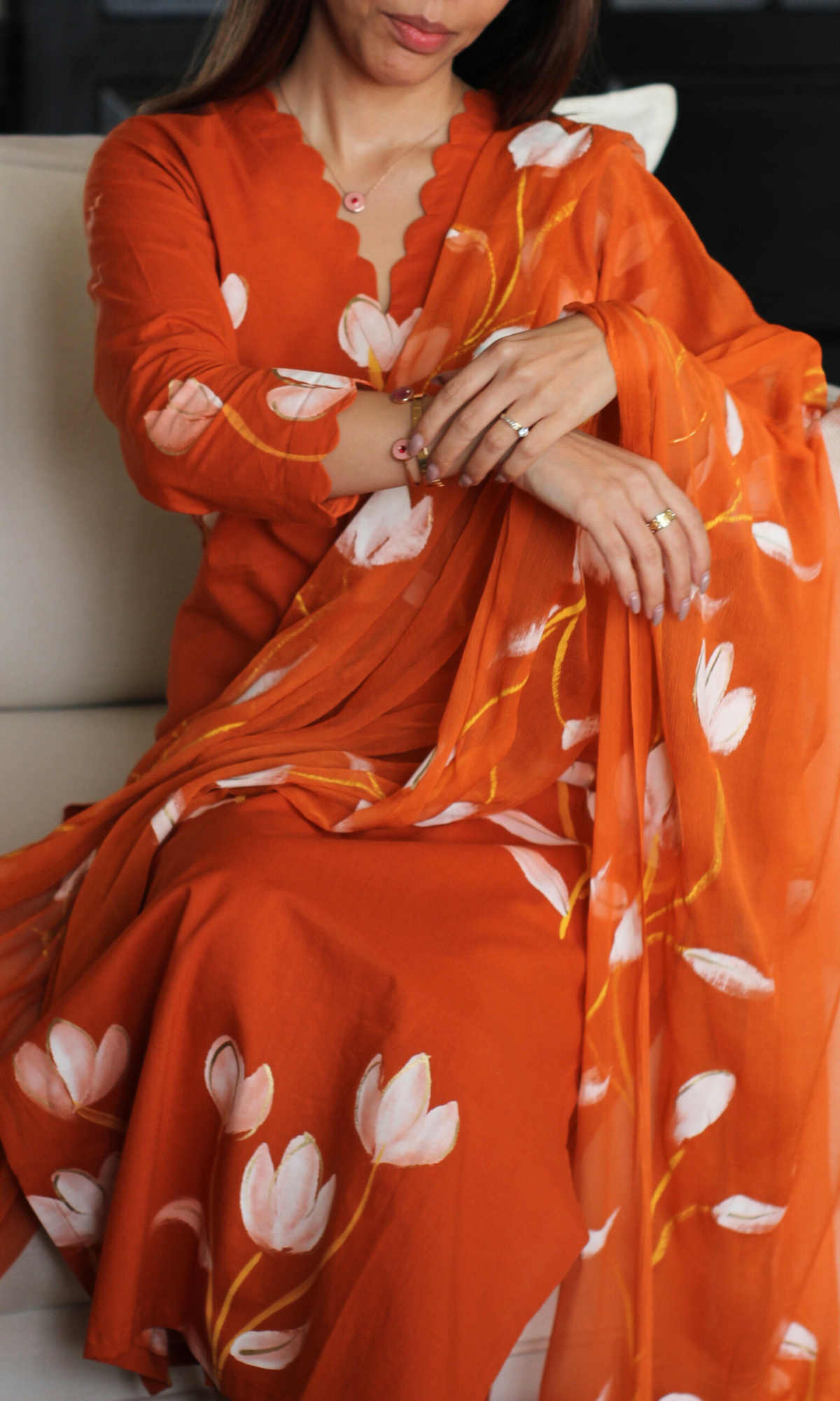 Zafran Handbrush Painted Kurta, Cotton Pants & Chiffon Handpainted Dupatta