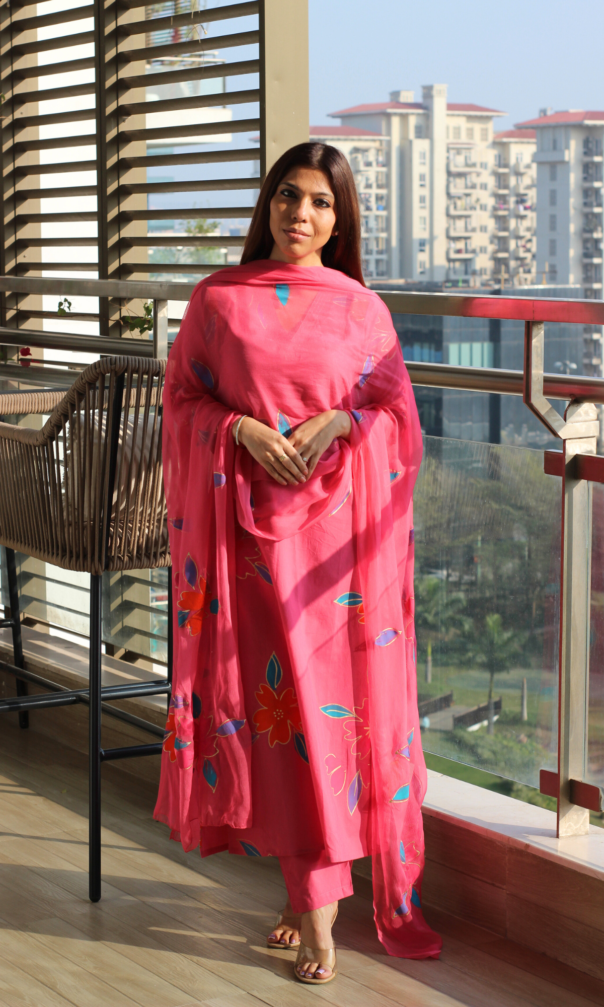 Cotton Berry Pink  Handbrush Painted Suit with Chiffon Handpainted Dupatta