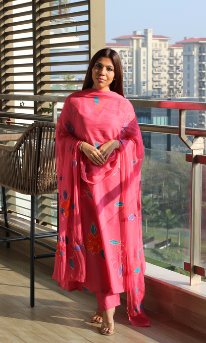 Cotton Berry Pink  Handbrush Painted Suit with Chiffon Handpainted Dupatta