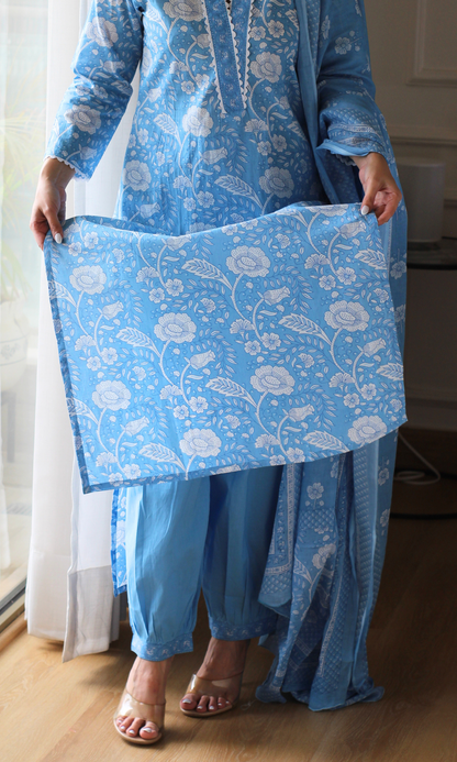 Sea Blue laced neck floral Kurta, Dupatta & Afgani Pants