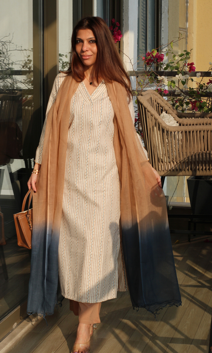 Beige Hazy Blue Woven Vertical Lines Kurta , Cotton Pants & Kota Doria Ombre Dupatta