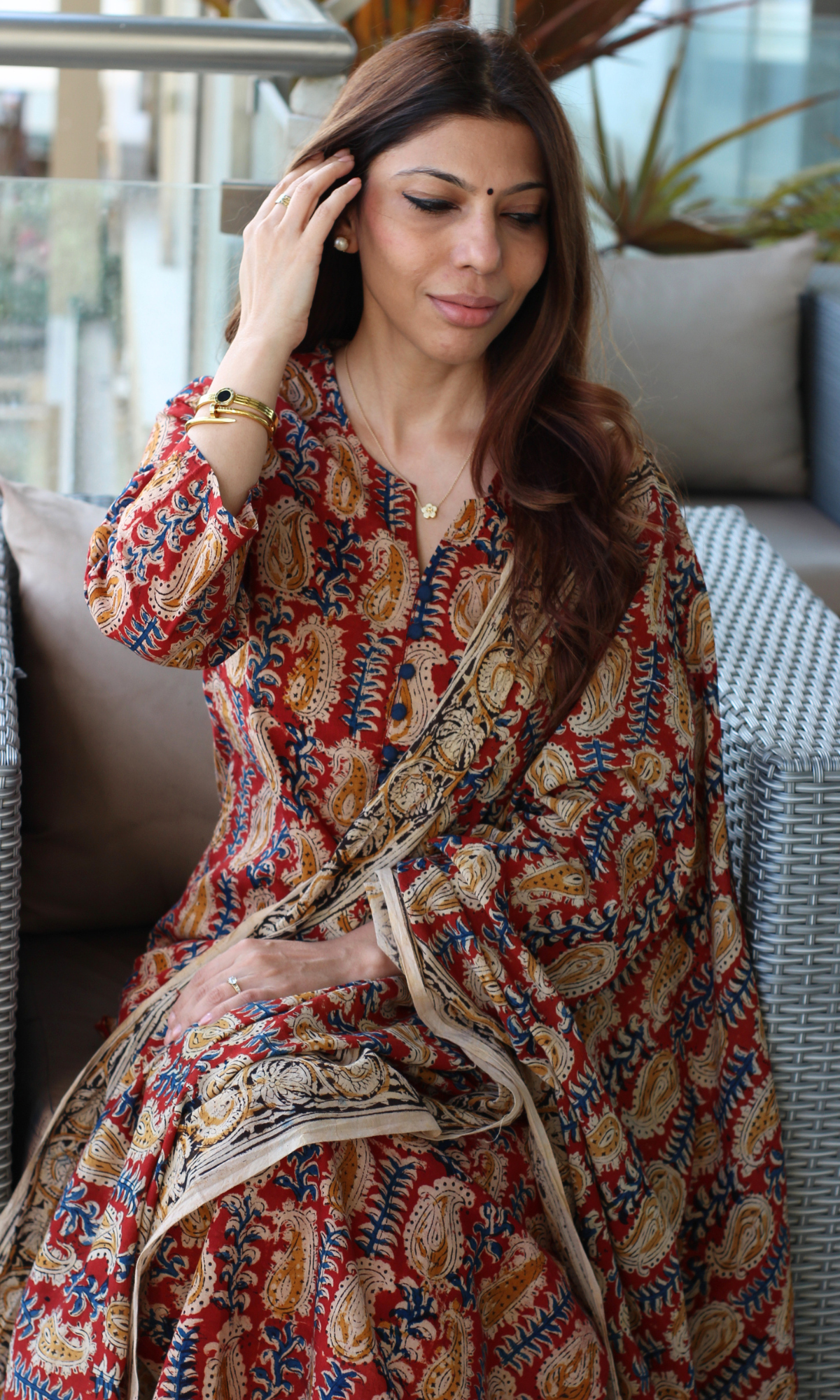 Kalamkari Red & Blue Cotton Kurta & Hand Block Kalamkari Dupatta