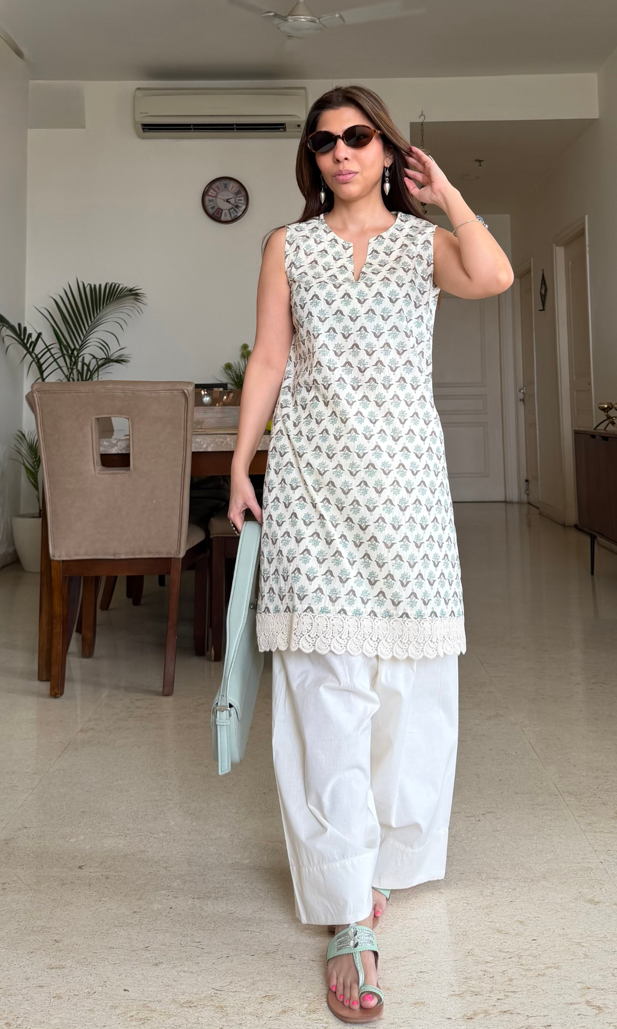 Sage Boota Print Cotton Laced Kurta with Farshi Salwaar