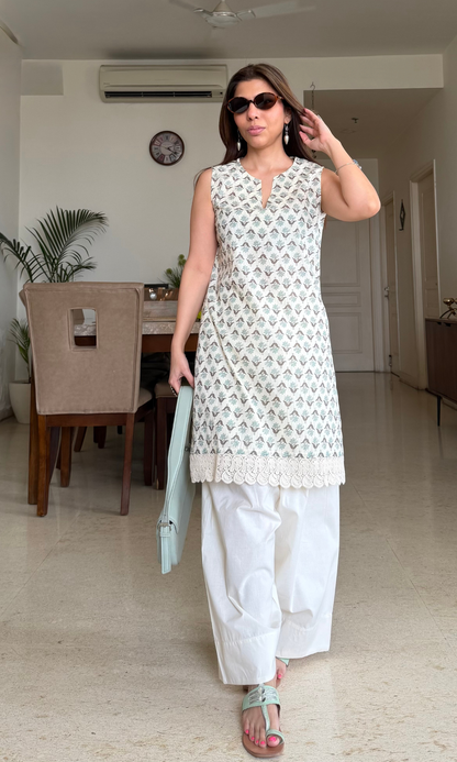 Sage Boota Print Cotton Laced Kurta with Farshi Salwaar