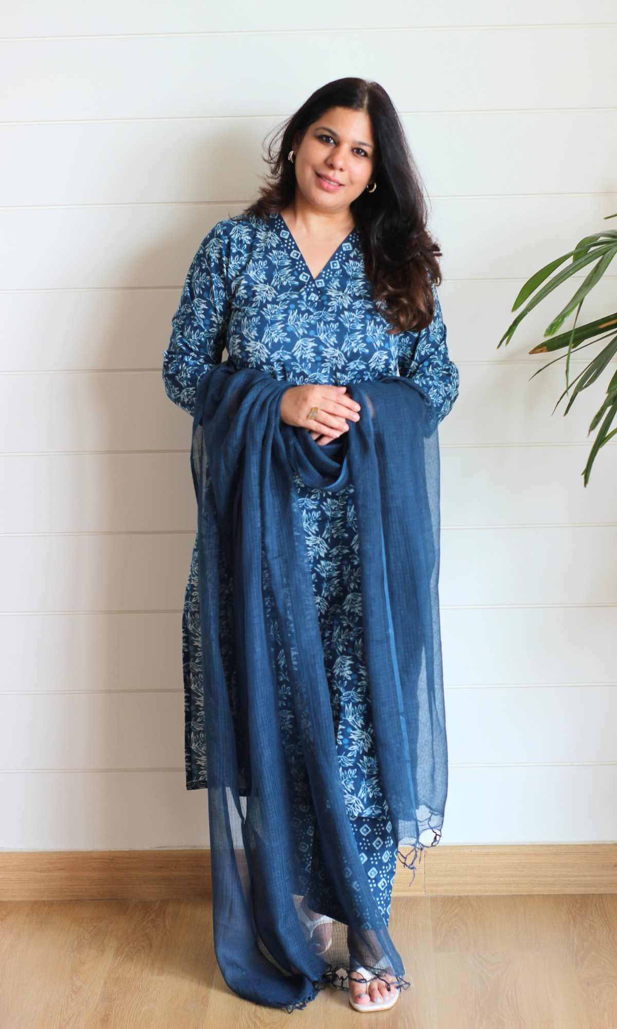 Indigo Block Print Cotton Kurta, Pant & Kota Doria Dupatta