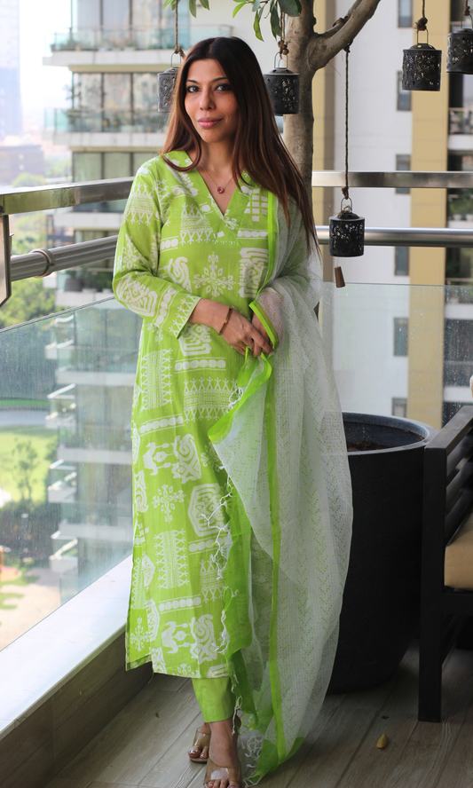 Cotton Lime Noir Print Kurta, Handblock Kota Doria Dupatta & Cotton Pants