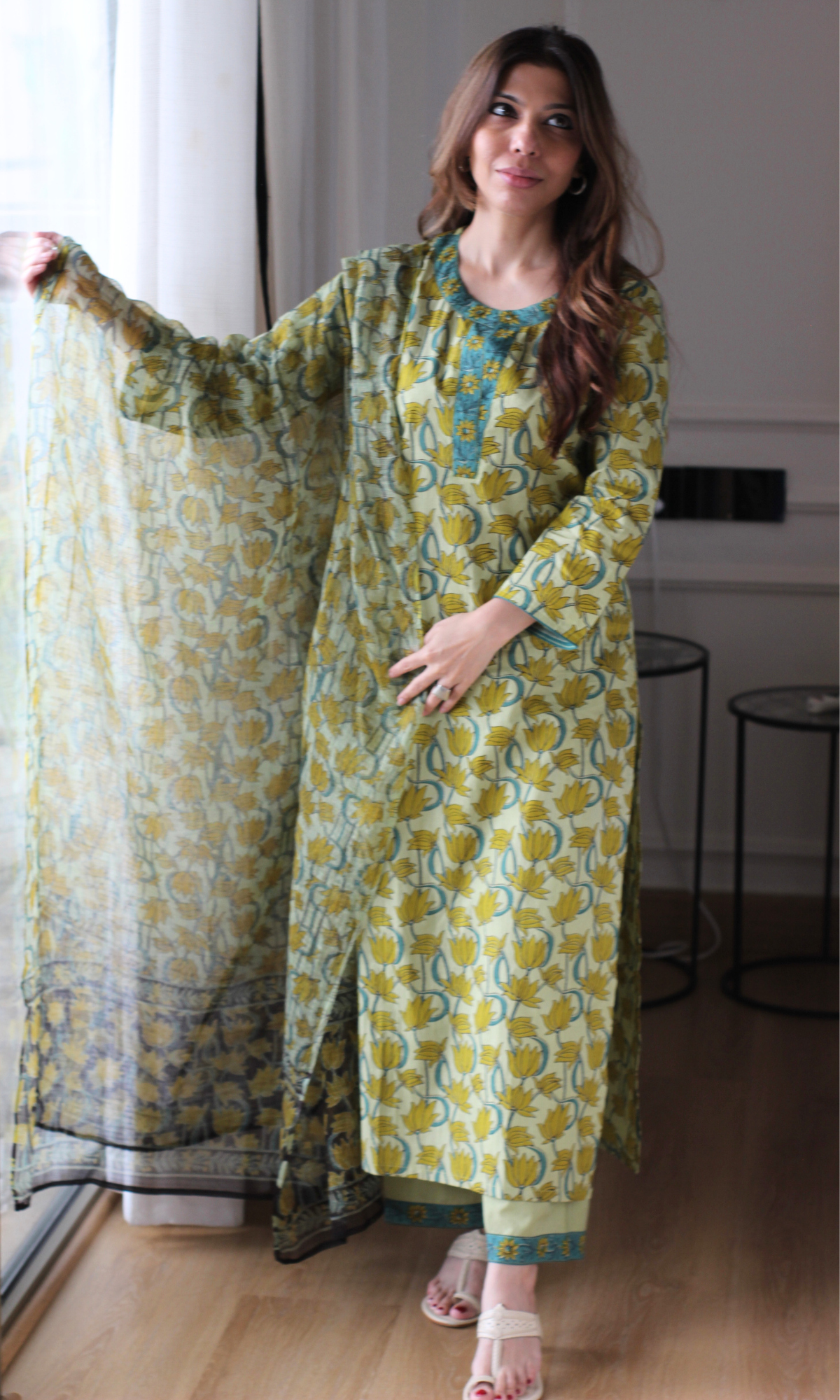Mehendi Lotus Block Printed Kurta, Cotton Pants & Kota Doria Dupatta