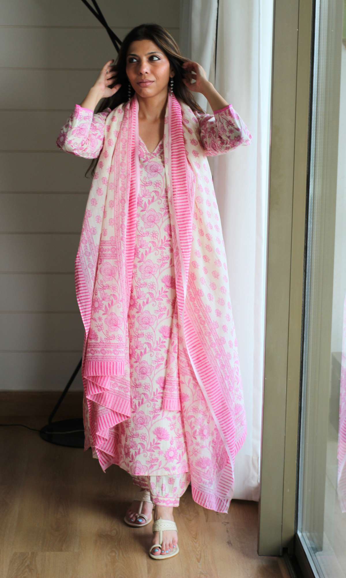 Rose Pink Garden Block Print Cotton Kurta, Afghani Pant and Mul Printed Dupatta