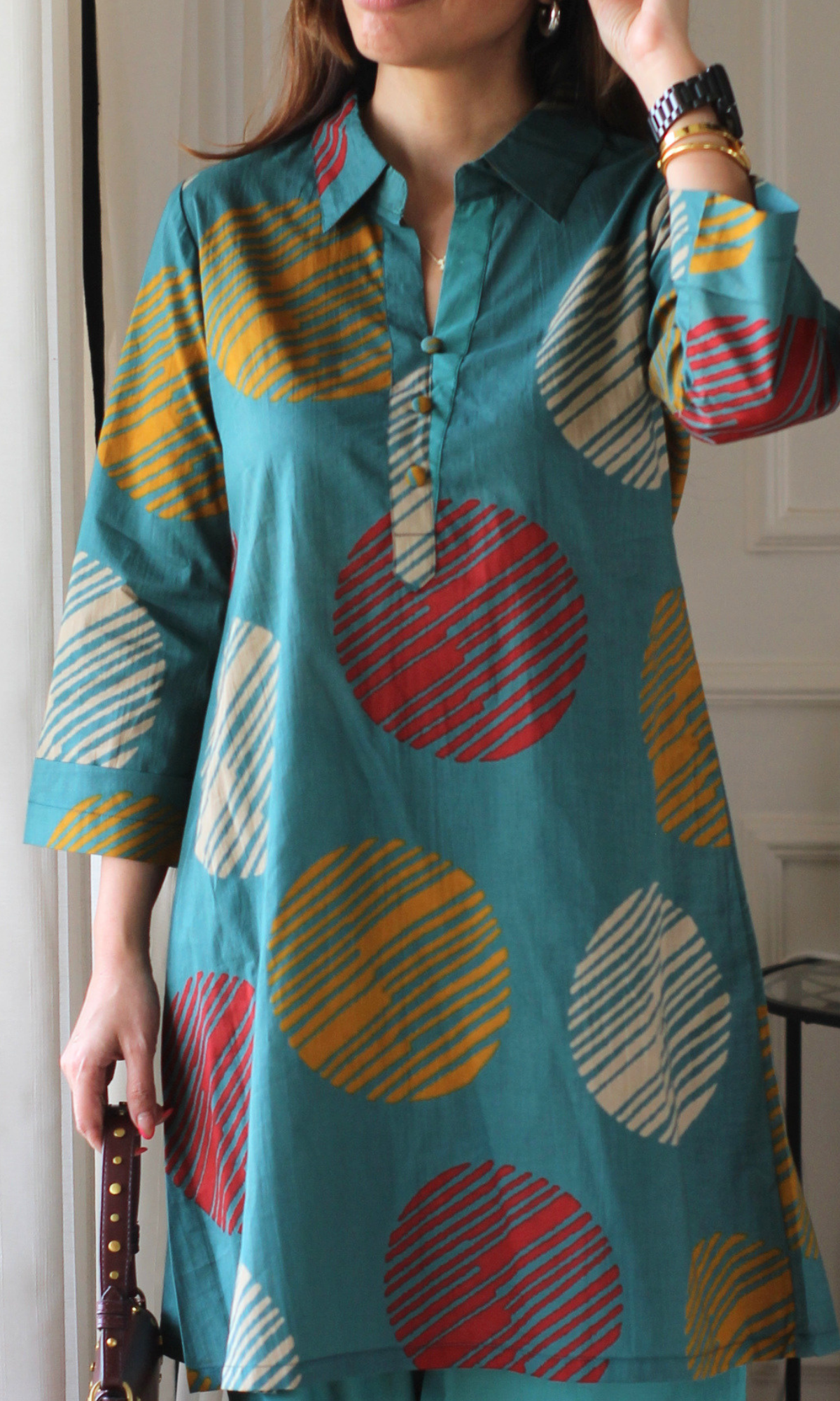 Cotton Teal Circle Abstract Collared Coord