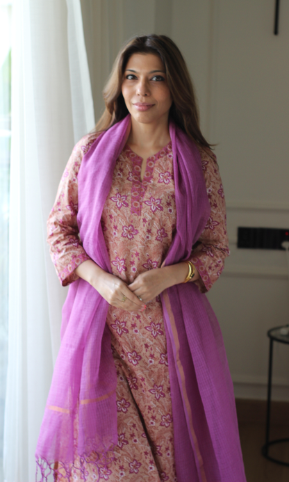 Berry Mauve Floral Print Kurta, Pant & Kota Doria Dupatta