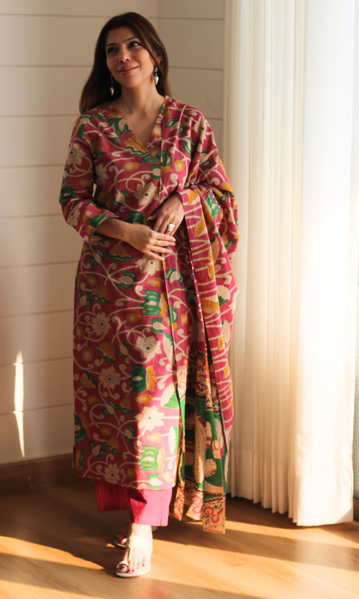 Cotton Rani Pink & Green Handblock Kalamkari Kurta, Dupatta & Cotton Pants