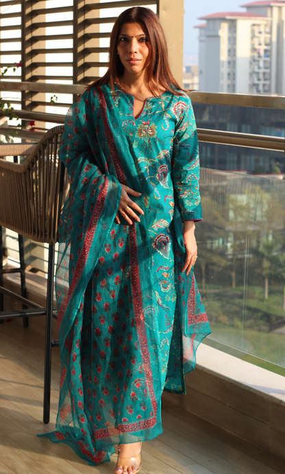 Teal & Pink Jaal Print Cotton Kurta ,Pant & Kota Doria Booti Dupatta