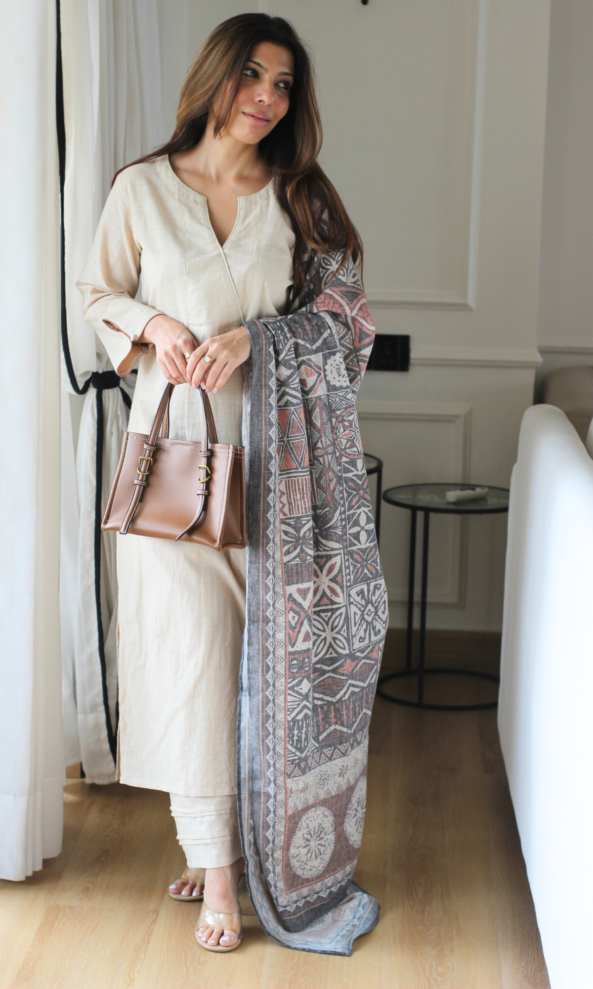 Saaz Beige Slub Kurta, Pants with Pintex, Printed Dupatta