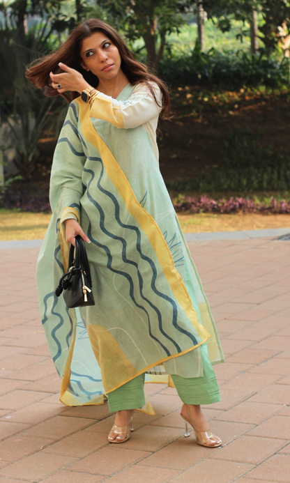 Linen Blend Green Dune Printed Kurta, Dupatta & Cotton Pants