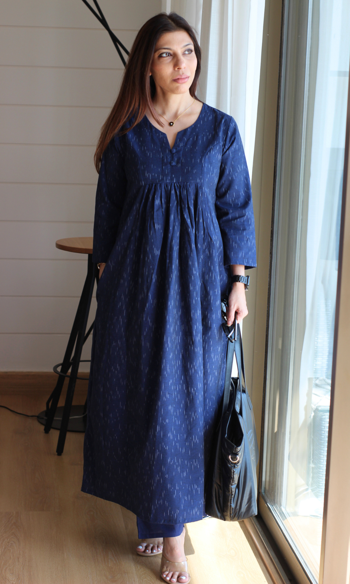 Navy Handloom Cotton Pleated Kurta with Cotton Pants