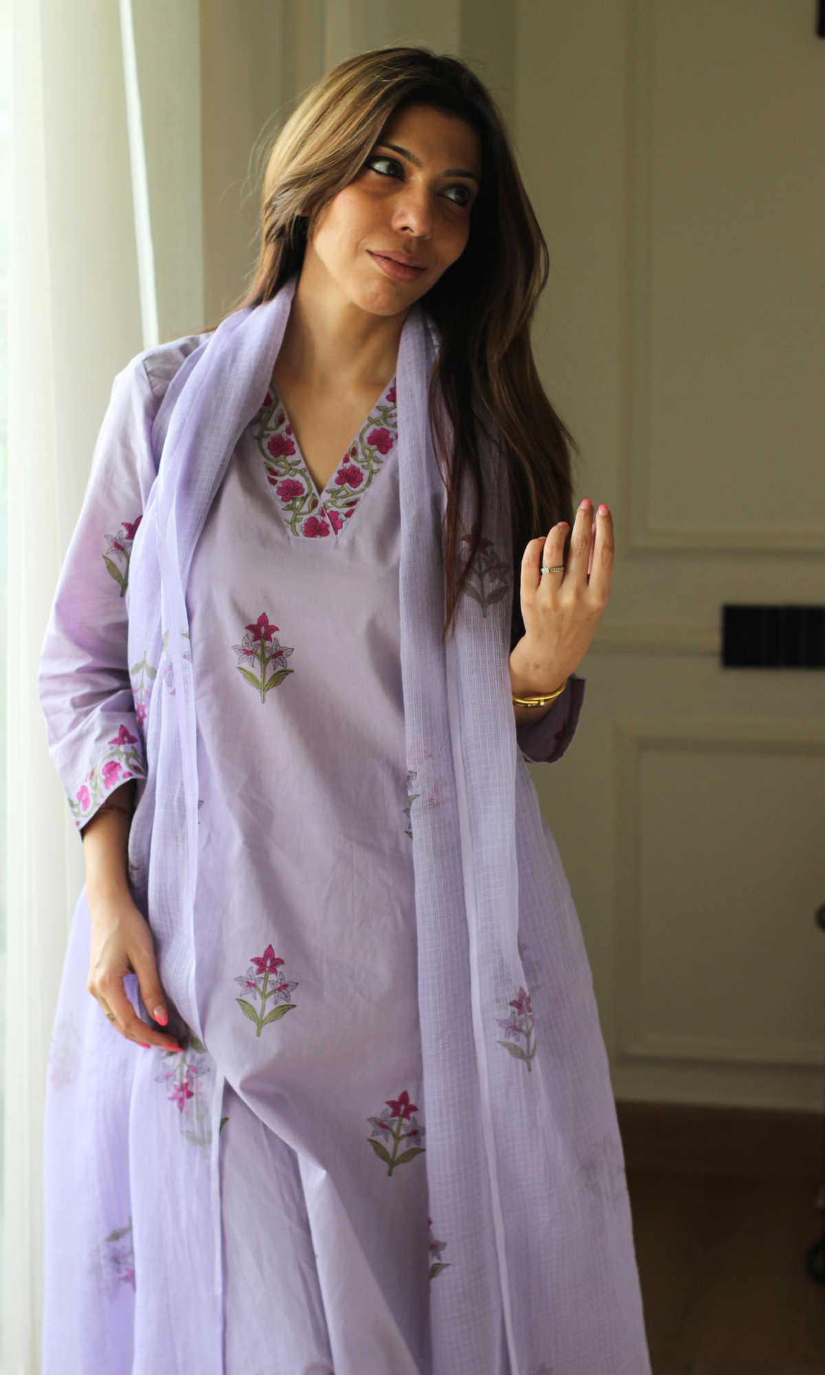 Kahani Mughal Lavender Cotton Kurta, Pant & Kota Doria Handblock Print Dupatta