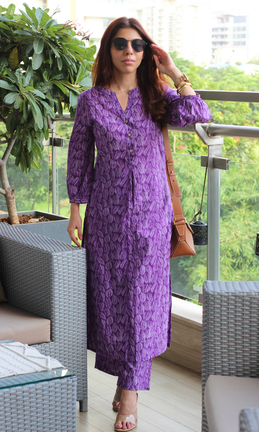 Purple Leaf Print Mandarin Neck Buttoned Kurta & Pant
