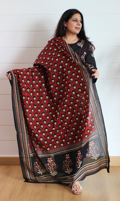 Cotton Black with Red Mughal Kurta, Block Printed Dupatta & Pants