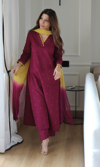 Plum Handloom Cotton Dobby Kurta, Pant & Chiffon Ombre Dupatta