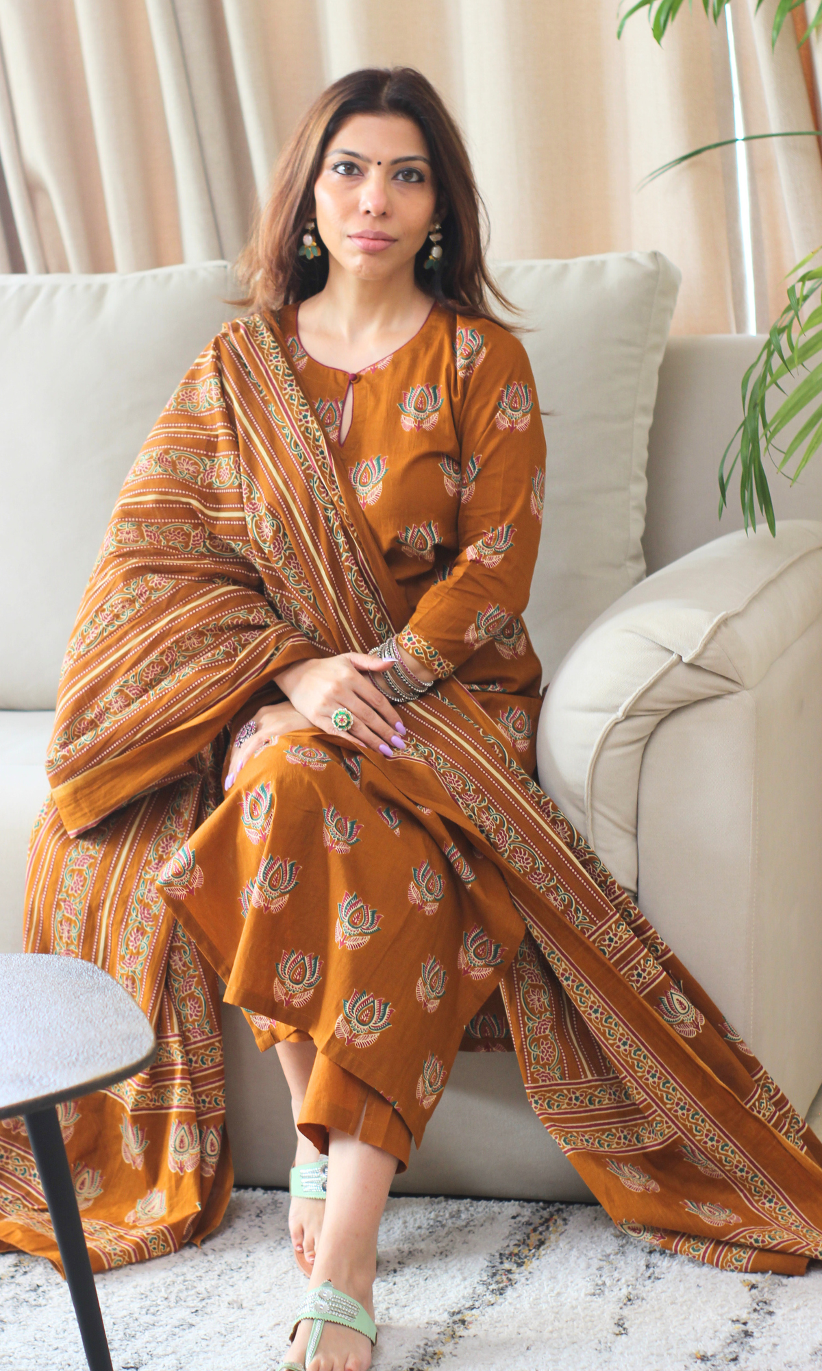 Cotton Mustard Lotus Mughal Kurta, Dupatta & Cotton Pants