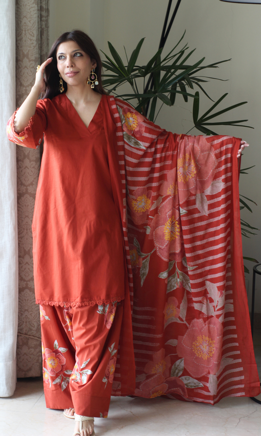 Tangerine Gulzar Kurta with Farshi Salwar & Cotton Dupatta