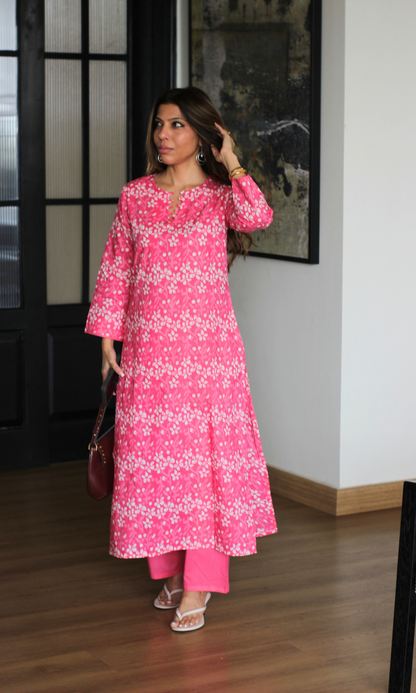 Blush Pink Dabu Print Kurta & Cotton Pants