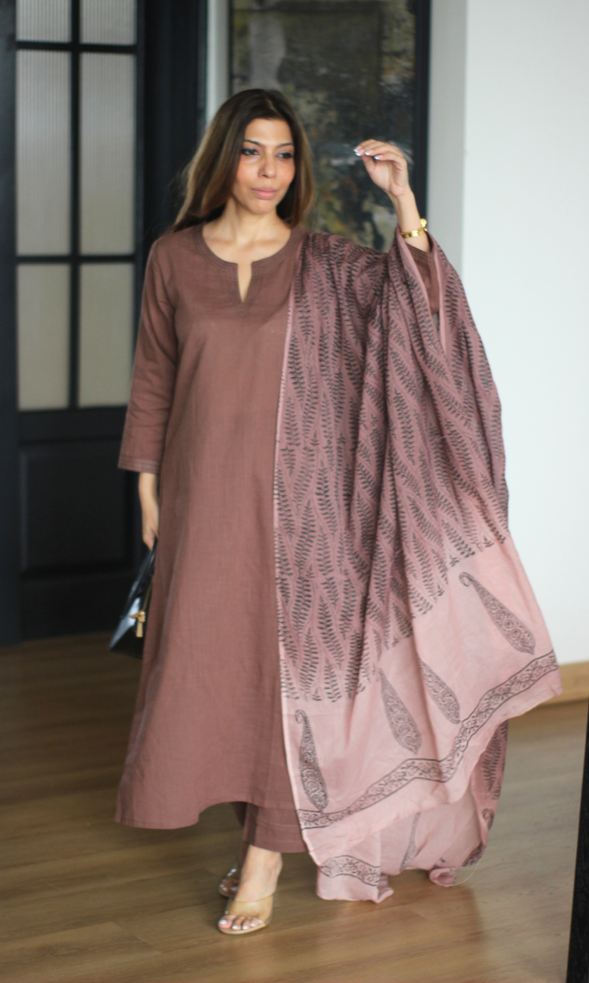 Hazel Cocoa Slub Kurta, Pant & Handblock Print Dupatta