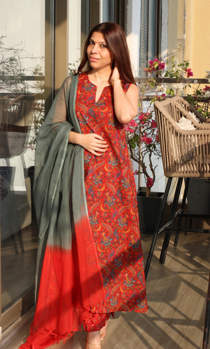 Gulnaar Red A Line Printed Kurta, Pant & Omre Kota Dupatta