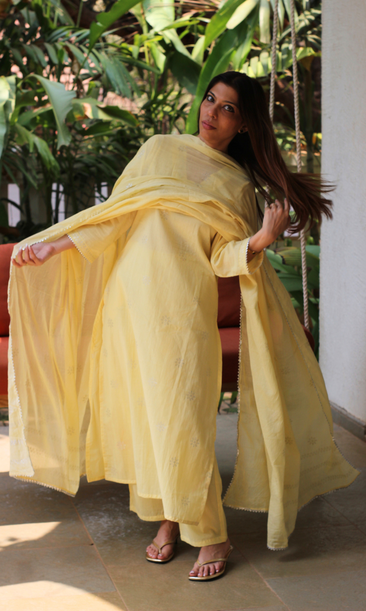 Cotton Lemon & Silver Laced Suit with Mul Printed Laced Dupatta