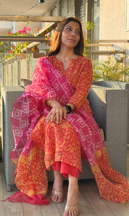 Kota Doria Carrot Red & Yellow Batik Print Kurta, Kota Dupatta & Cotton Pants