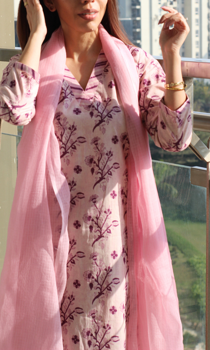 Baby Pink Floral Kurta, Striped Pants & Soft Kota Doria Dupatta
