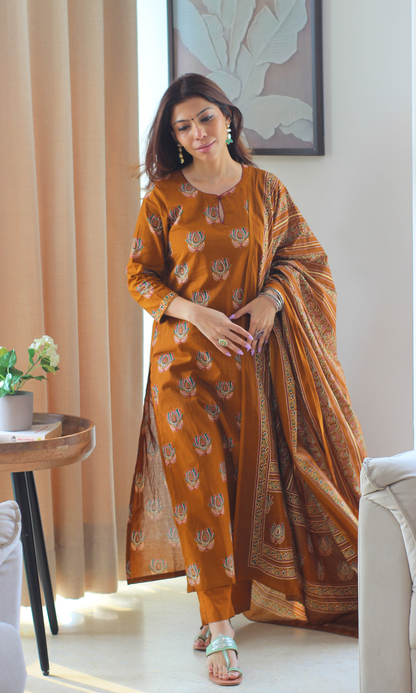 Cotton Mustard Lotus Mughal Kurta, Dupatta & Cotton Pants