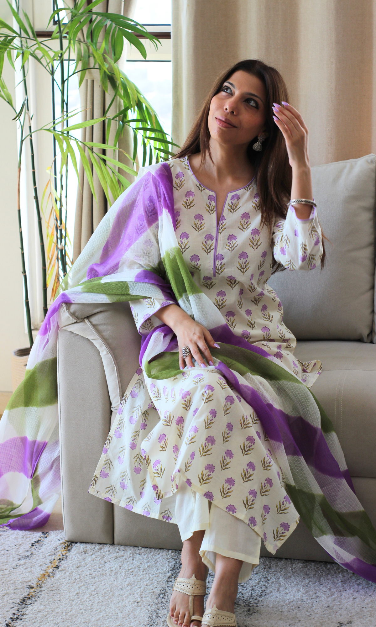 Spring Meadow Printed Kurta , Solid Pants & Lehariya Kota Dupatta