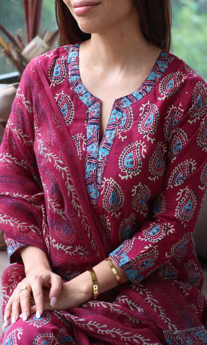 Berry & Blue Badmeri Prin Kurta, Kota Doria Dupatta & Cotton Pants
